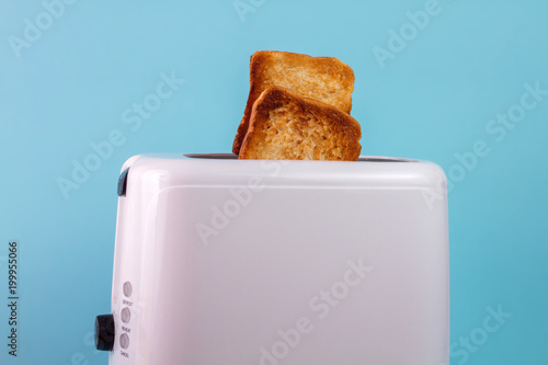 Toast in a toaster. Fried toast slices inside the toaster on a b