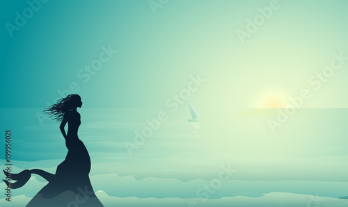 silhouette mermaid sitting on the edge of the cliff and looking at the small sailing ship in morning sun beams, mermaid story,