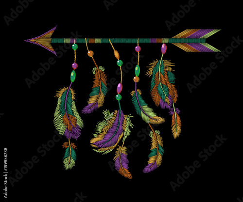Colorful feathers arrow embroidery. Boho tribal clothes american indian bird motif ethnic embroidered background. Fashion template design vector illustration