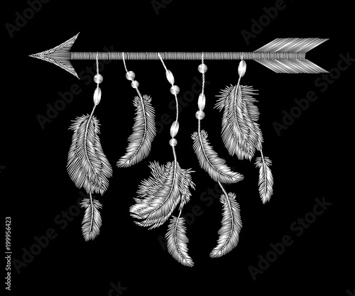Monochrome white feathers arrow embroidery. Boho tribal clothes american indian bird motif ethnic embroidered black background. Fashion template design vector illustration