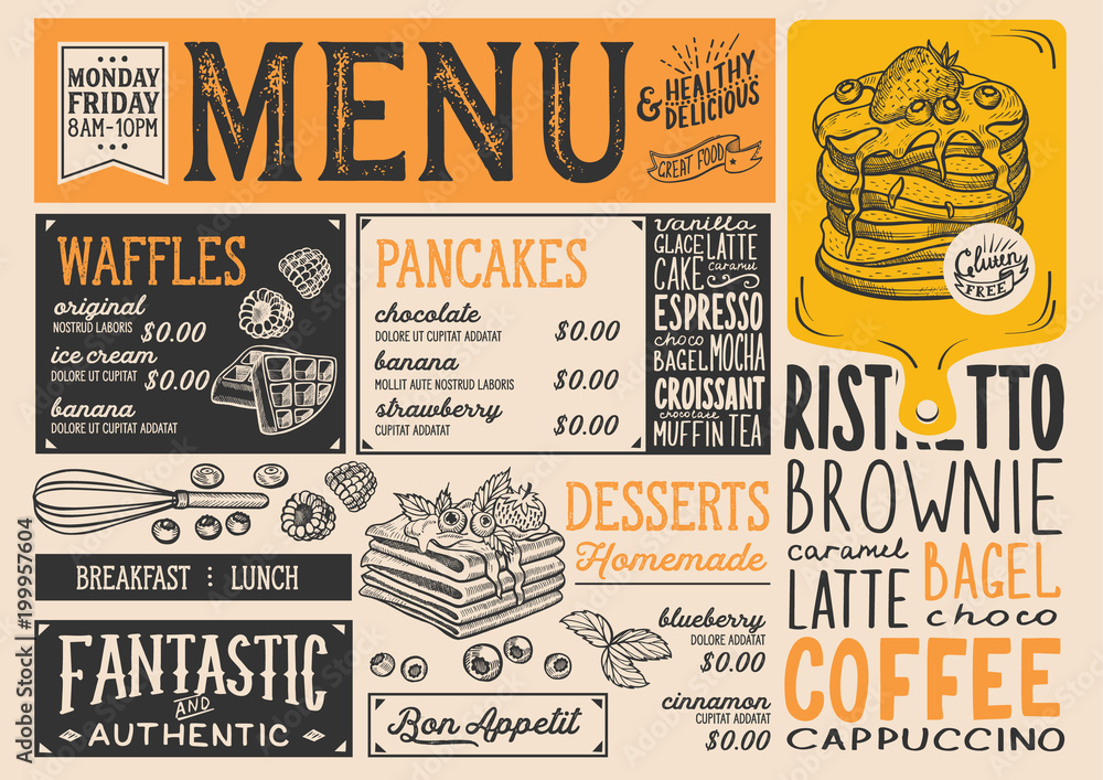 Waffles and crepes restaurant menu. Vector pancake food flyer for bar and cafe. Design template with vintage hand-drawn illustrations.