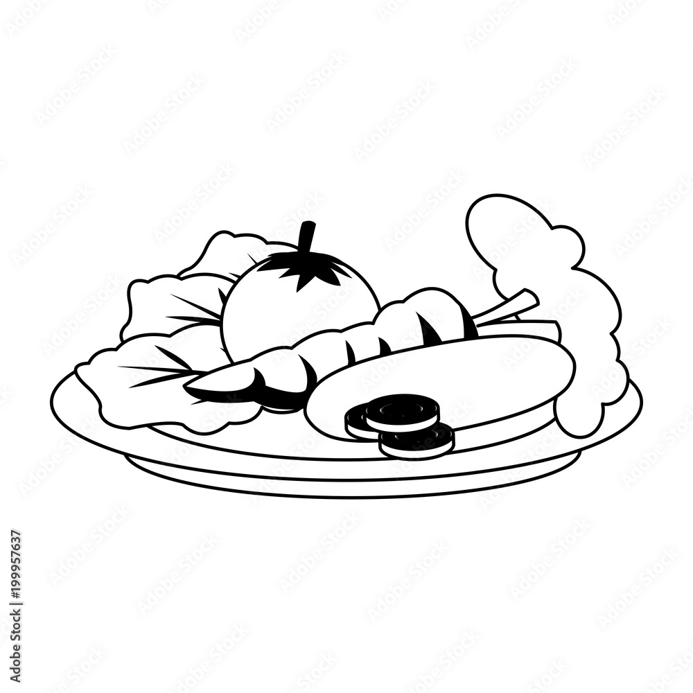 Vegetables on dish cartoon on black and white colors vector