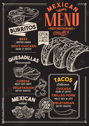 Mexican restaurant menu. Vector food flyer for bar and cafe. Design template with vintage hand-drawn illustrations.
