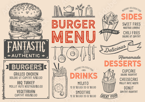 Burger restaurant menu. Vector food flyer for bar and cafe. Design template with vintage hand-drawn illustrations.