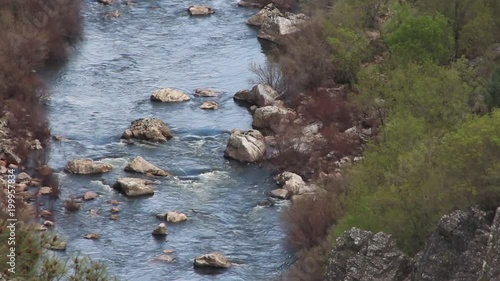 Aerial fixed shot of river, creek stream. Nature green background photo