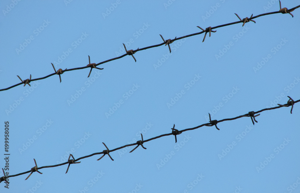 Old rusty mono-basic barbed wire in two lines on a clear blue sky Old rusty mono-basic barbed wire in two lines on a clear blue sky