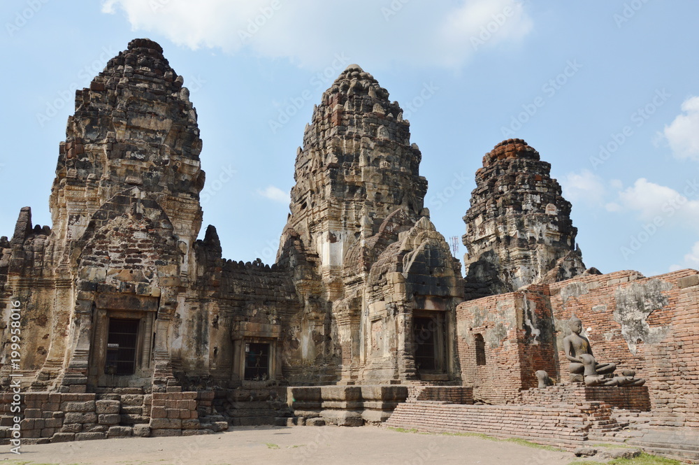 Phra Prang Samyod or three crests with monkey ancient temple and landmark in Thailand