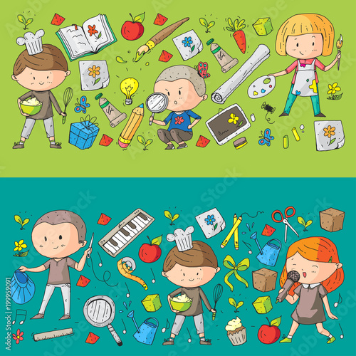 Children. School and kindergarten. Creativity and education. Music. Exploration. Science. Imagination. Play and study. Cooking. Singing. Reading. Different hobby and lessons. Vector illustration