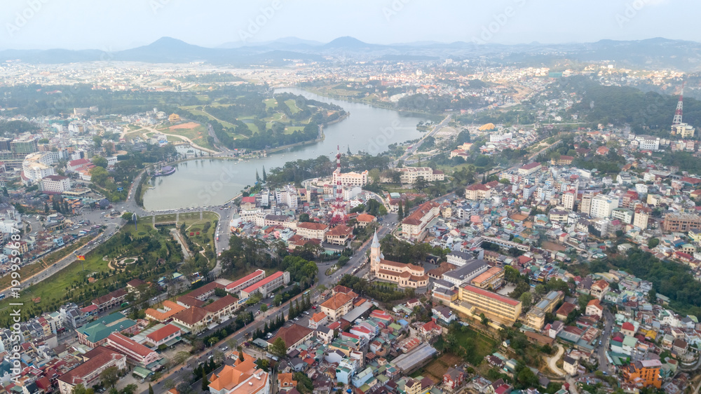 Aerial view from the drone to Dalat city.  Located on the Langbian Plateau in the southern parts of the Central Highlands region of Vietnam