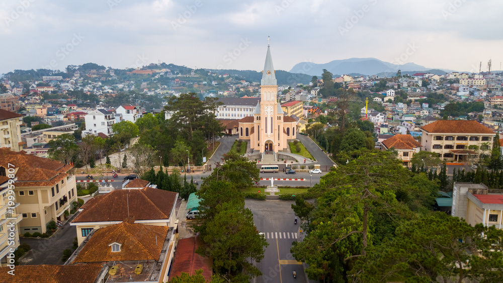 Nicholas of Bari Cathedral (Church of Chicken) under blue sky in Dalat Vietnam. It is one of the most famous churches of Dalat City by unique and historical architectures