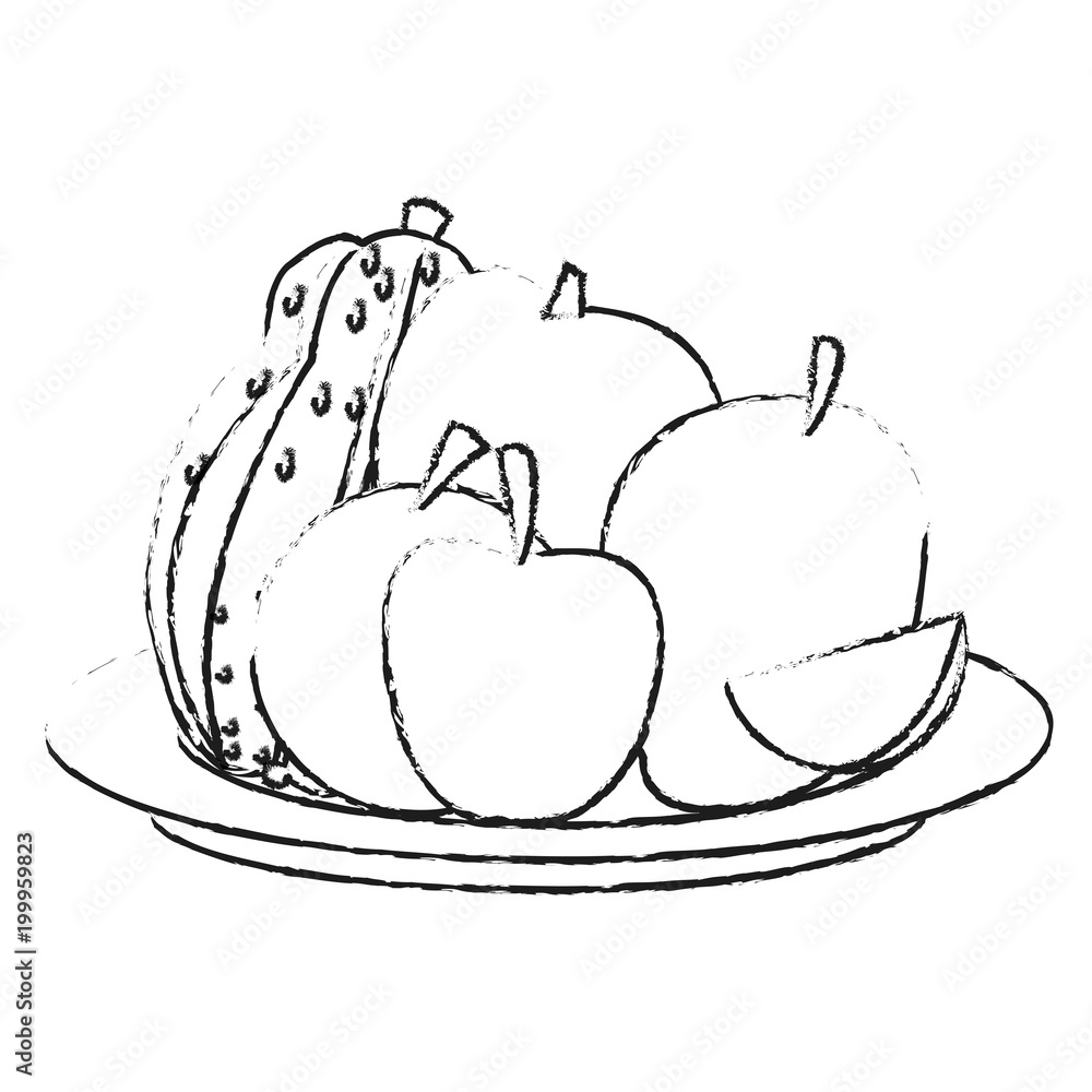 Fruits on dish healthy food cartoon on black and white sketch colors