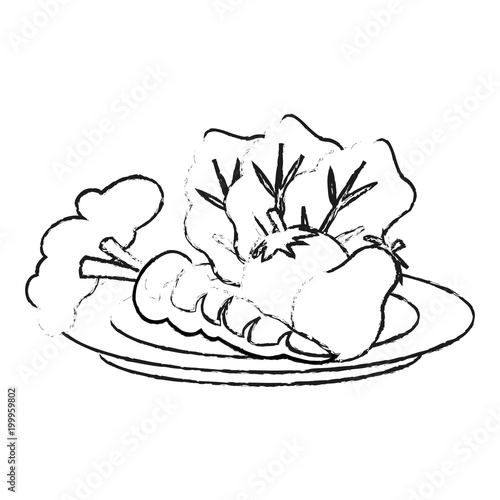 Vegetables on dish cartoon on black and white sketch colors vector illustration
