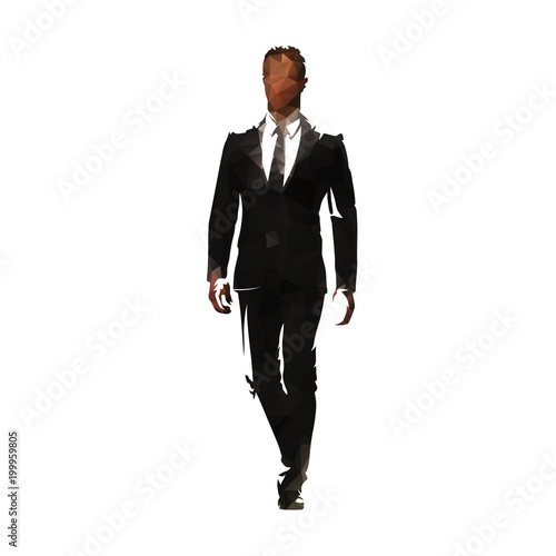Polygonal business man walking, front view. Man in dark suit, isolated geometric vector illustration
