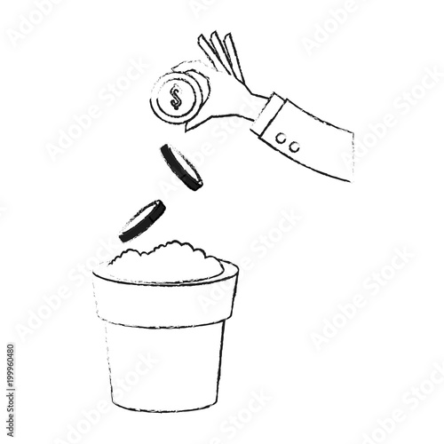 Hand seeding coins on pot on black and white sketch colors vector illustration
