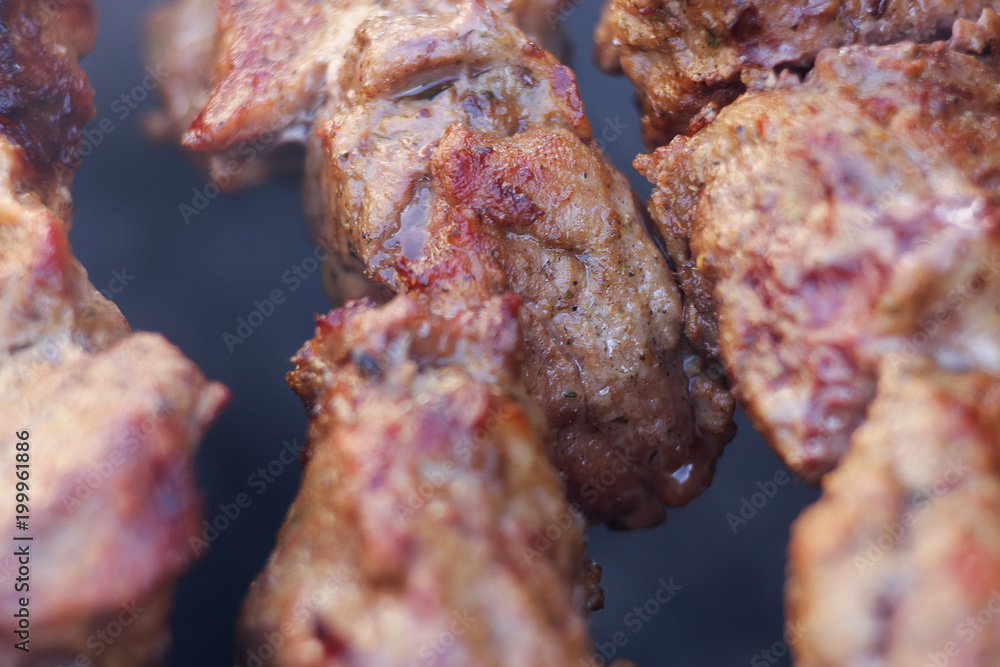 Excellent fresh juicy pieces of meat shish kebab fry on charcoal grill. Roast the meat close up Excellent fresh juicy pieces of meat shish kebab fry on charcoal grill. Roast the meat close up
