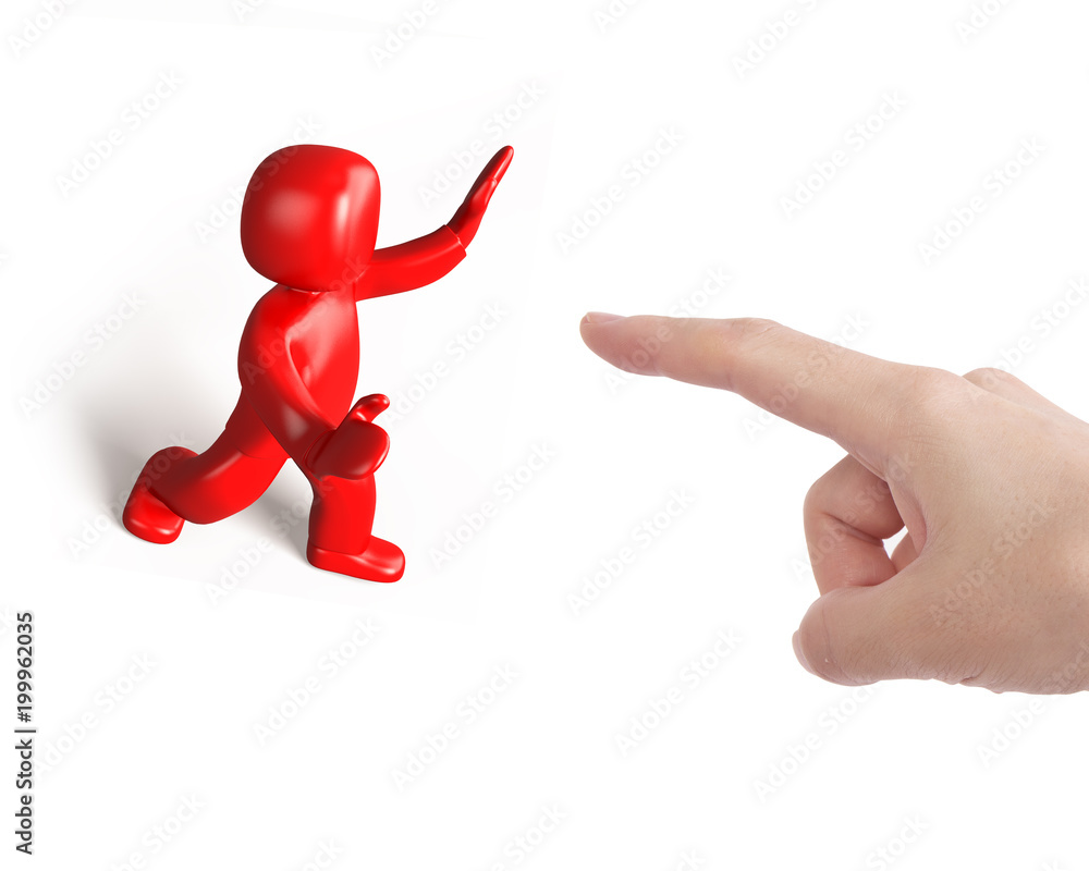 Female hand pointed at 3d red man Female hand pointed at 3d red man