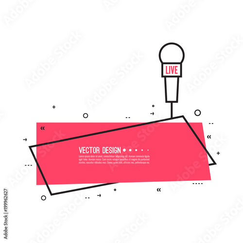 Journalism concept. Live news template with microphone. Symbol breaking news on TV and radio. Journalist, interview, reporter, press, interviewer, mass media, paparazzi, mic text box Vector