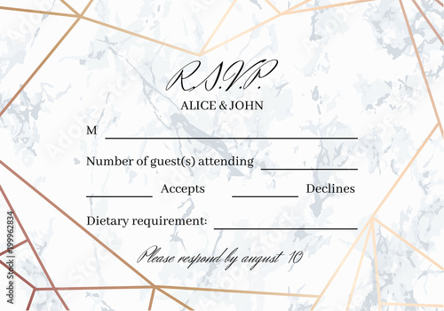 RSVP geometric design card template. White marble background and rose gold geometric pattern. Dimensions 5x3.5 inch. Seamless pattern included. Eps10.