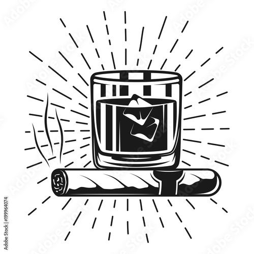 Glass of whiskey and smoking cigar with rays stamp