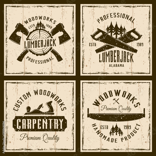 Woodworks and carpentry four colored retro emblems