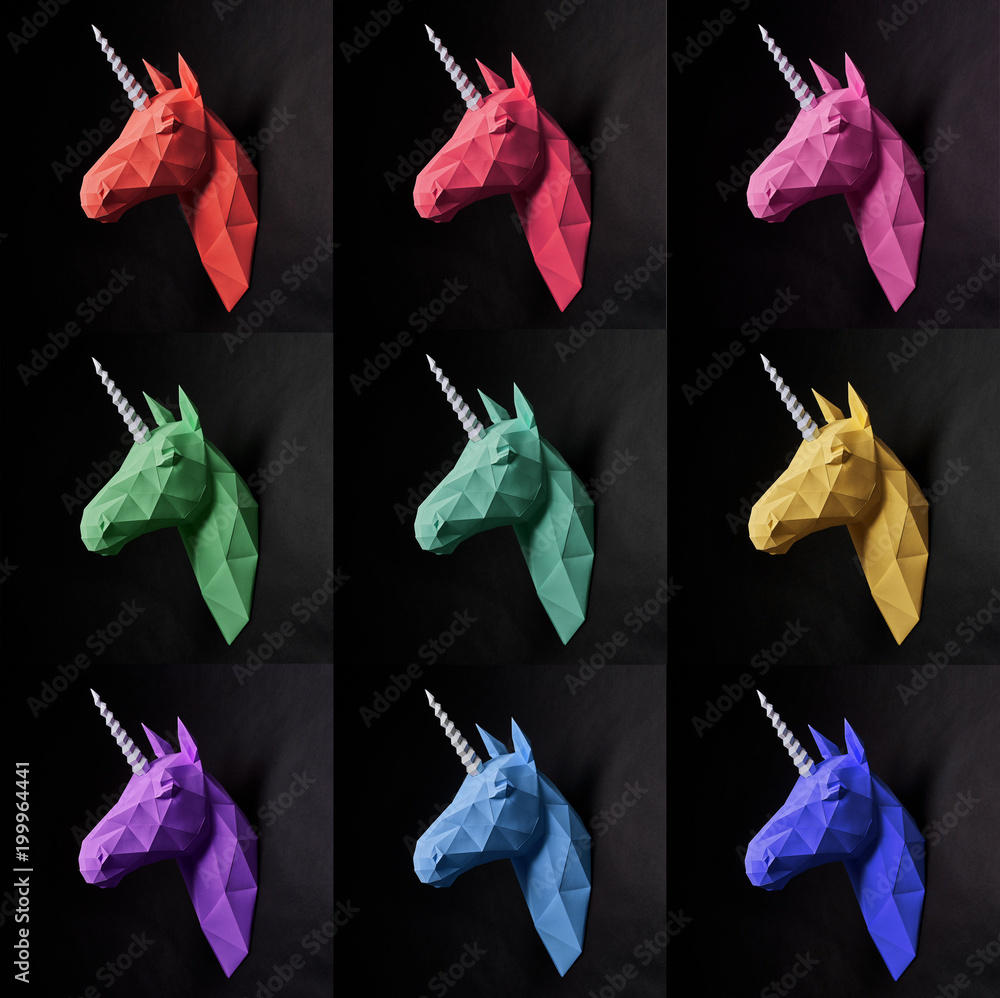 Original collage of nine photos with similar unicorn's heads, painted in  bright colours. Animals are orange, red,pink,green,blue,yellow,tiffany and  different shades of violet. Black wall background. Stock Photo | Adobe Stock