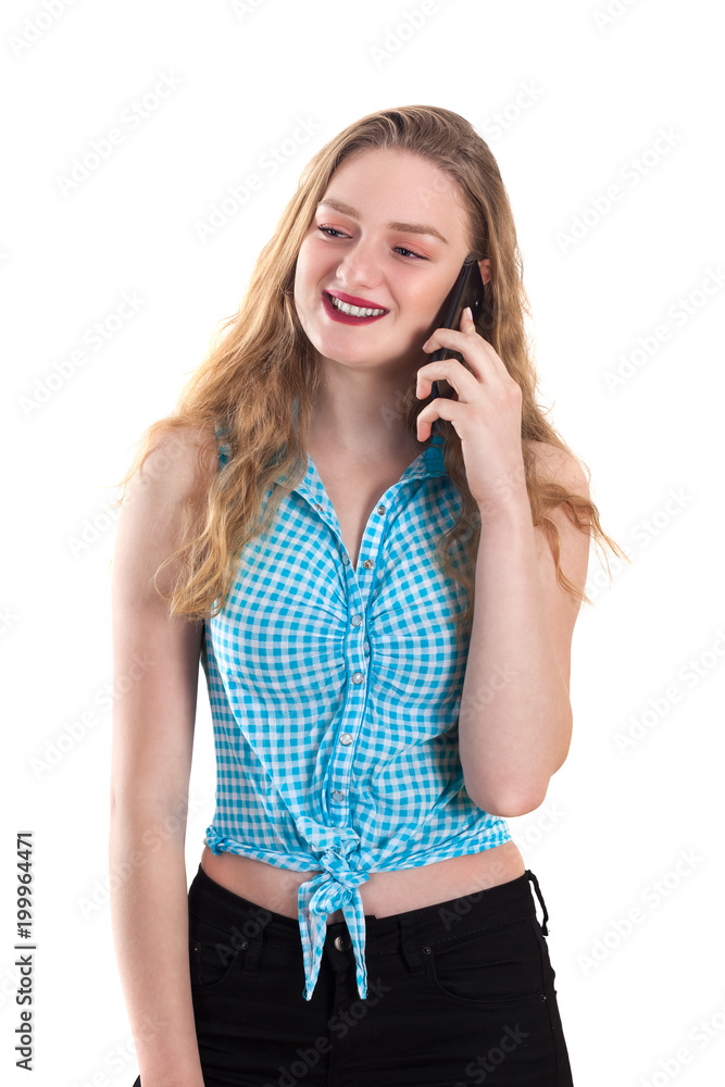 Young blonde girl talking on the phone on white background Young blonde girl talking on the phone on white background