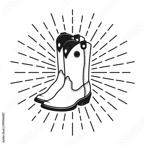 Cowboy boots label, emblem or stamp with rays