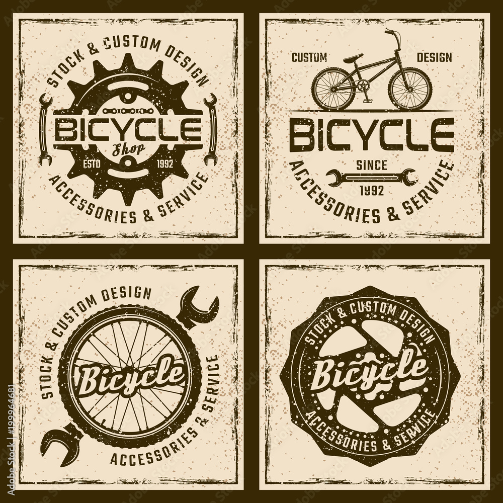 Obraz premium Bicycle shop and service four colored emblems