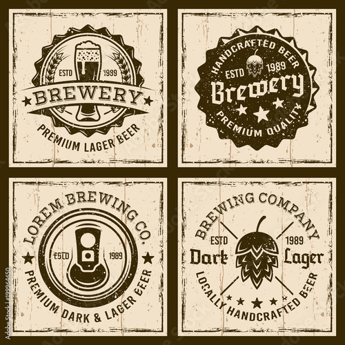 Beer and brewery four colored emblems or badges