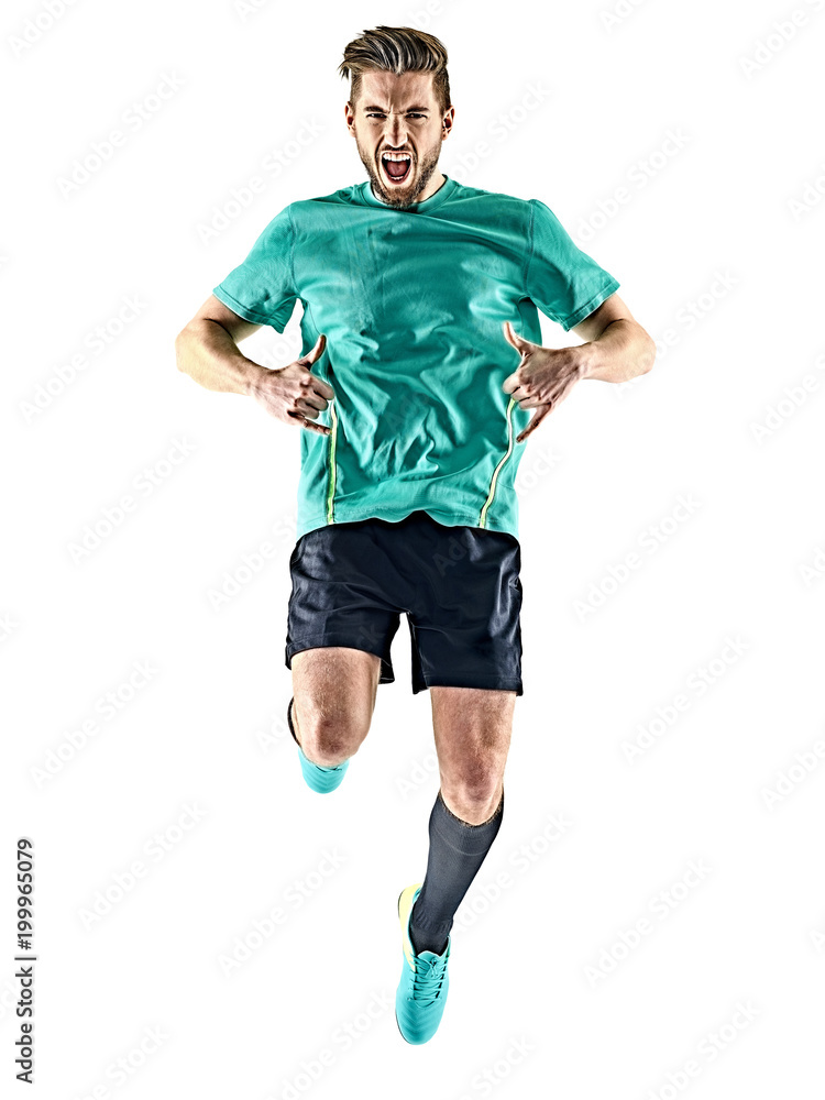 one caucasian soccer player man happy celebration isolated on white background