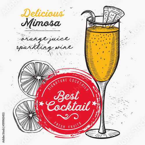Cocktail mimosa for bar menu. Vector drink flyer for restaurant and cafe. Design poster with vintage hand-drawn illustrations.