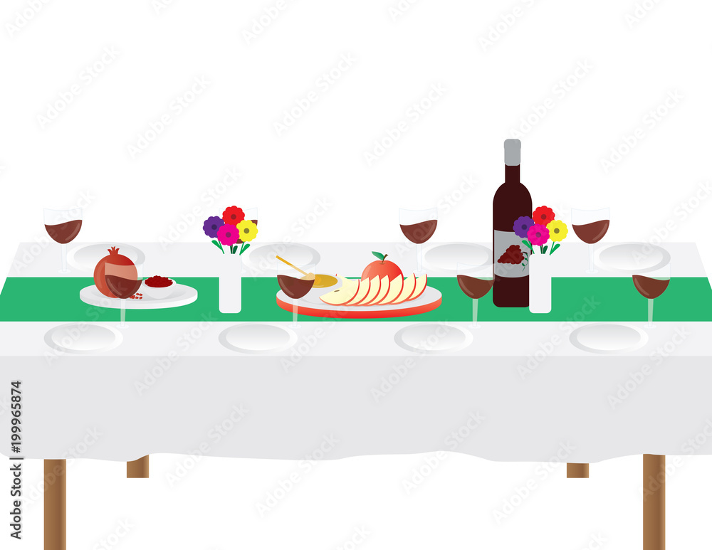 Fototapeta premium Jewish Rosh Hashanah Festive dinner table vector illustration isolated