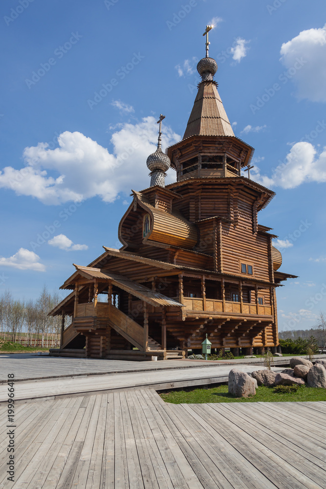 Wooden orthodox church of St.Sergius in Svyatogorye, Moscow region, Sergiev Posad district, Russia. Holy spring Gremyachiy Klyuch.