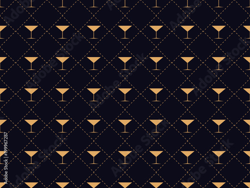 Art deco seamless pattern with a glass of martini. Alcohol cocktail style of the 1920s - 1930s. For invitations, leaflets and greeting cards. Vector illustration