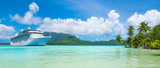 Summer cruise vacation travel. Luxury cruise ship anchored close to exotic tropical island.
Panoramic landscape view of Bora Bora. 