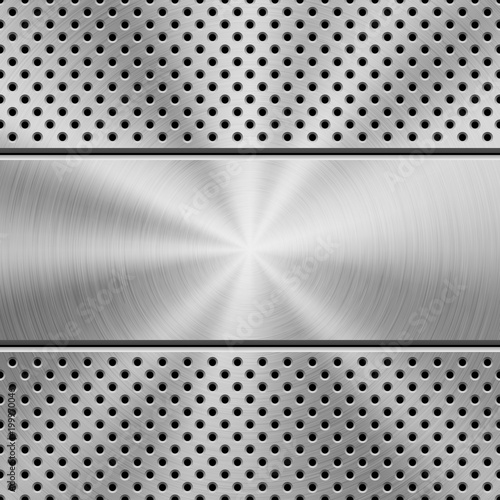 Metal texture technology background with grate perforated pattern, circular polished, brushed concentric texture, chrome, steel, silver. Vector illustration.