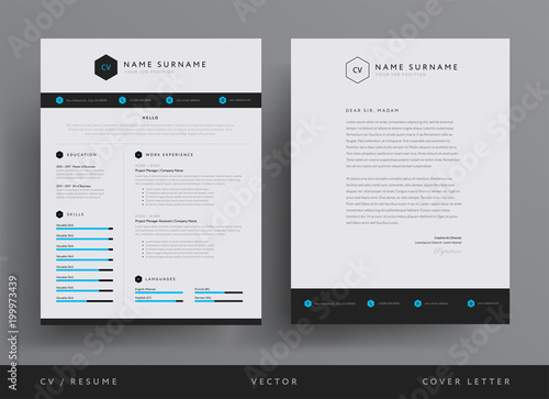 Professional CV resume template design and  letterhead / cover letter - blue color accents - stylish vector minimalist