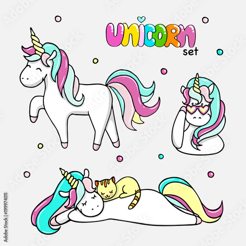 Set of hand drawn illustrations of magic unicorns  a unicorn with a cat. Vector isolated illustration.