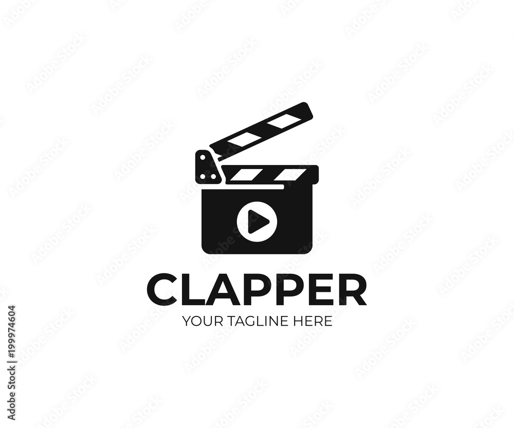 Naklejka premium Clapboard and play sign logo template. Clapper board vector design. Open clapperboard logotype