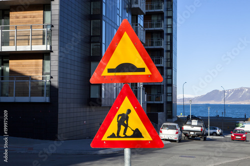 A road construction sign in Reykjavik
