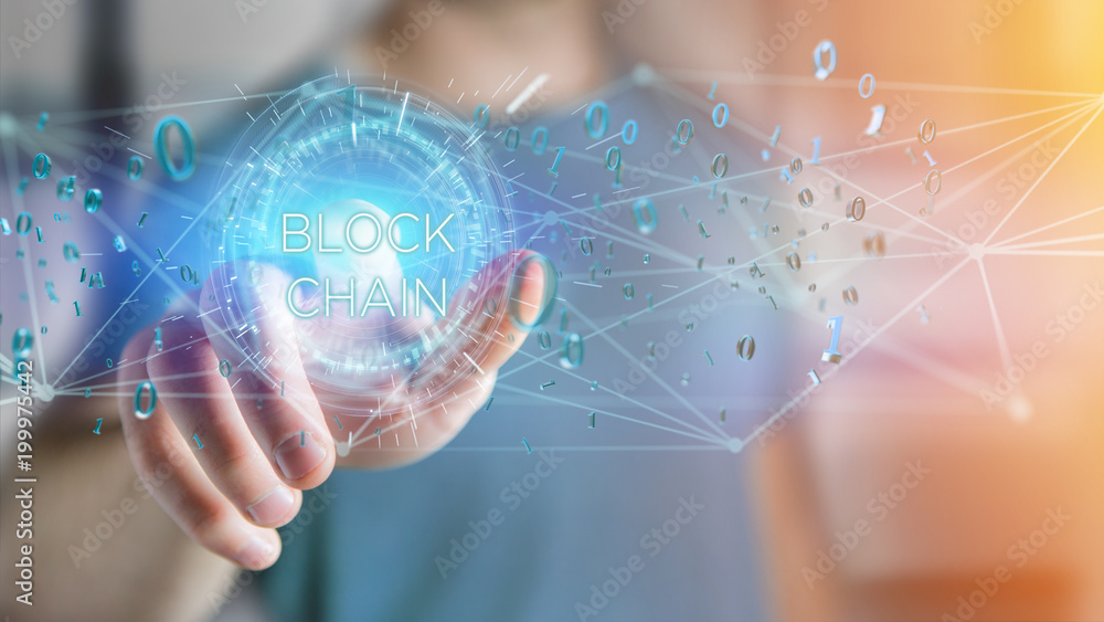 Blockchain title with 0 and 1 data flying over Blockchain title with 0 and 1 data flying over