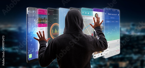 Konstfotografi Hacker activating 3d rendering app template on a smartphone