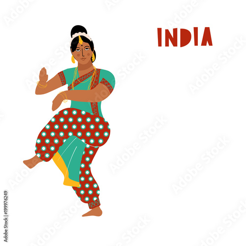 Vector India dance woman. Bollywood style dancer white background isolated