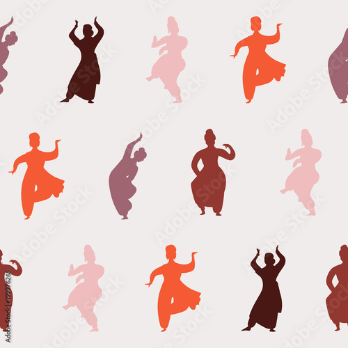 Vector India dance woman seamless pattern. Bollywood style dancer silhouette