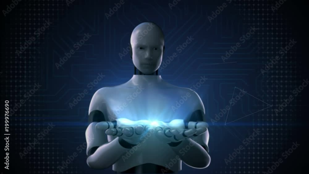 Robot, cyborg open two palm in digital interface background 4K size movie. Robot, cyborg open two palm in digital interface background 4K size movie.