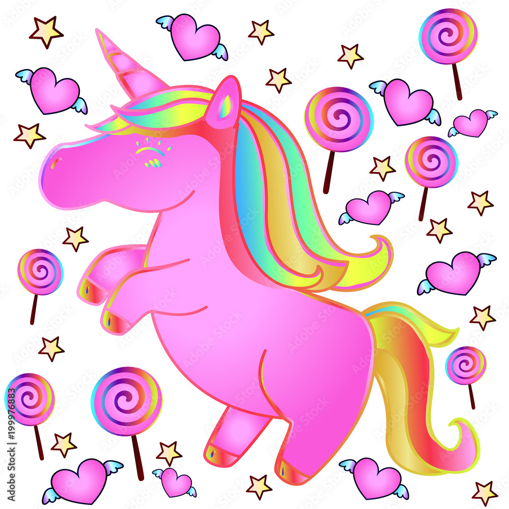 Pink rainbow unicorn, sweet and hearts with wings. Children's fairy tale