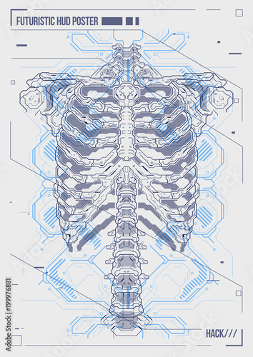 Cover or poster design human body with futuristic hud elements. Hologram Human anatomy and skeleton.