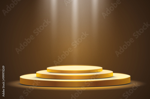 
Golden podium with a spotlight on a dark background, the first place, fame and popularity. Vector illustration