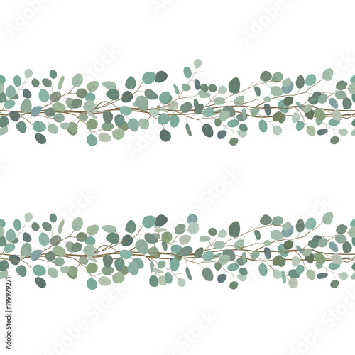 Elegant seamless borders of eucalyptus branches. Floral frame or greeting card. Vector