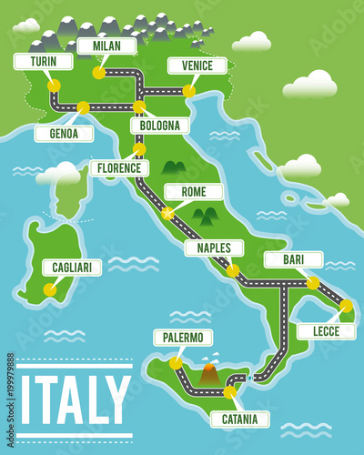 Cartoon vector map of Italy. Travel illustration with italian main cities.